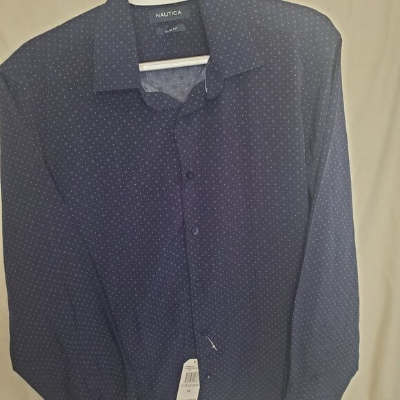 NWT Navy Grnd Blue and White Print  Slim Fit Nautica Button Down SZ:M - Picture 5 of 11